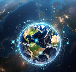 Fototapeta premium Detailed Global Network Over Earth: High-Resolution Image of Interconnected Nodes and Lines Representing Worldwide Communication, Technology