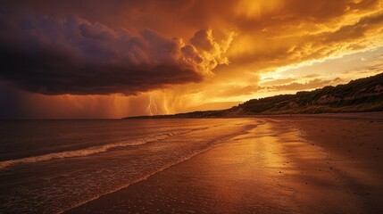 Stunning sunset over the ocean with dark clouds and bright colors, a moment of peace and beauty at the beach