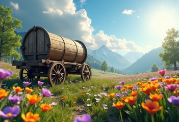 Obraz premium wooden cart surrounded vibrant wildflower meadow colorful spring nature blooms floral landscape, view, garden, scene, petal, plant, pollinator, bee, field, patch