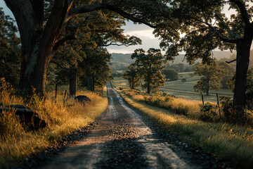 Naklejka premium Country Road Through Green Meadows at Golden Hour with Long Shadows and Serene Open Skies