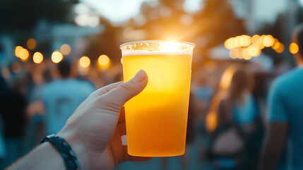 Plastic beer cup glows amber in sun, fingers tight around it, energy of summer bash visible in background crowd