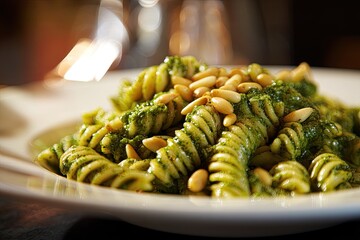 A close-up of a plate of pasta with pesto sauce and pine nuts