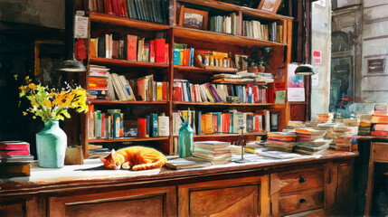 A cozy bookstore interior with wooden shelves packed with books, a sleeping orange cat on the counter, and a vase of yellow flowers, illuminated by warm light creating a tranquil atmosphere