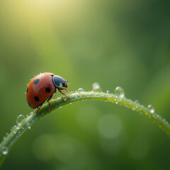 ladybug rests on dewy green leaf glistening in soft morning light