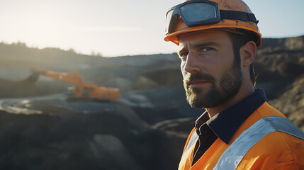 Mining engineer evaluating site safety measures at a mining location. Featuring safety evaluation and site management