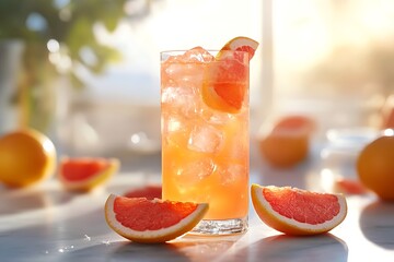 A zesty grapefruit juice in a tall glass with slices of grapefruit adorning the base, set on a sunny day backdrop