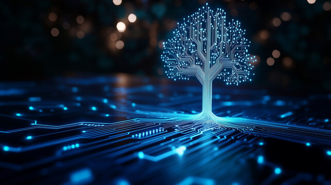 Digital tree with fiber-optic veins blossoms from electric blue circuit board, ambient light creates surreal technological garden