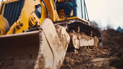 Construction worker operating bulldozer for site grading. Featuring precision and control