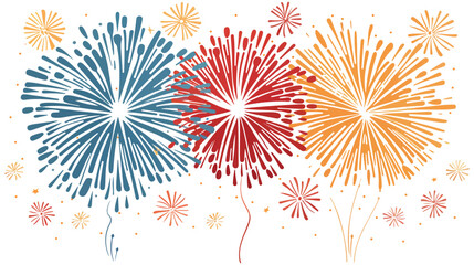 Vibrant Festive Fireworks Exploding in Night Sky, Flat Vector Illustration, Isolated on White       