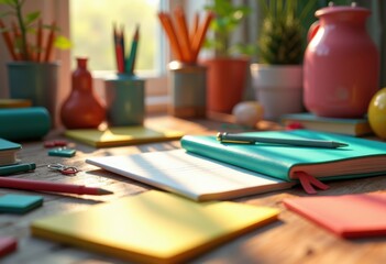 vibrant colorful stationery arrangement rustic wooden desk inspiring creativity organization, paper, pens, pencils, markers, highlighters, notebook, notes