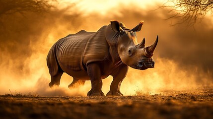 Fototapeta premium Majestic white rhinoceros charging through dusty savanna at sunset.