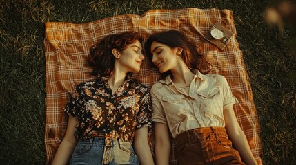 Fototapeta premium Young Couple Relaxing on Plaid Blanket in Golden Hour Sunlight