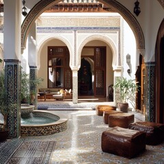 Obraz premium Moorish archways leading to a patio with mosaic-tiled fountains, carved wooden screens, and low leather poufs. 