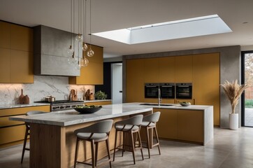 Fototapeta premium Modern kitchen interior featuring cabinets a central island and lights