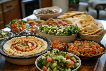 Fototapeta premium Table with bowls of food and dips.