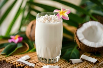 Refreshing Coconut Milk Drink with Floral Decoration in Tropical Setting