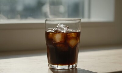 Refreshing iced beverage with ice cubes illuminated by window light indoor