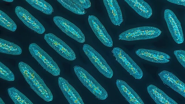 Close-up microscope video of paramecium protozoa on black background, showing cellular structures and biological processes.