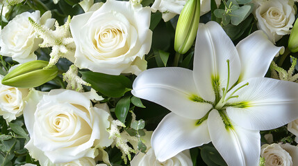 Fototapeta premium A white funeral bouquet of lilies and roses, with subtle greenery, symbolizing peace, remembrance, and eternal love.