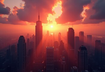 Naklejka premium vibrant sunset skyline silhouettes magical atmosphere urban landscape cityscape colors, horizon, twilight, reflection, architecture, metropolis, evening