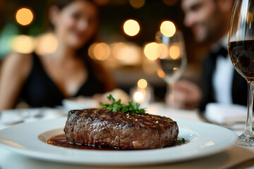 Plate of food with glass of wine on rustic wooden table.