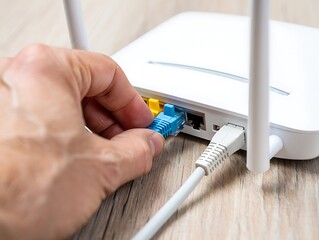 Hand plugging a blue ethernet network cable into the port of a white wireless wifi router on wooden...