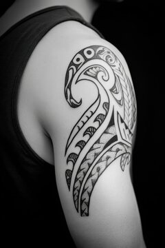 Polynesian tattoo decorating man's shoulder