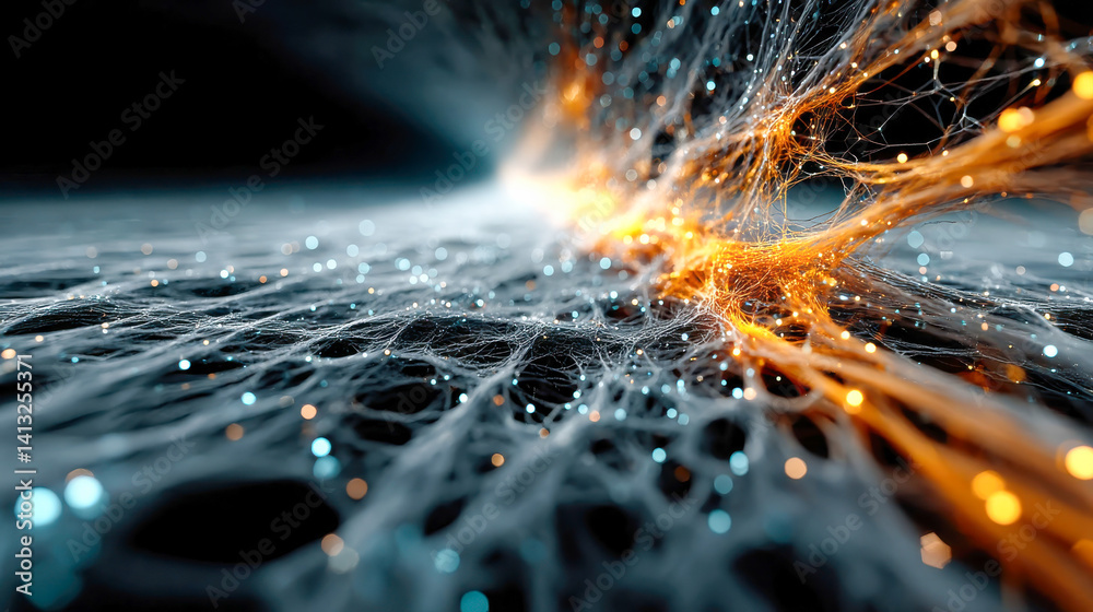 Poster abstract visualization of neural connections with glowing points of light in an organic, web-like st