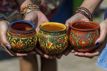 Hands holding colorful traditional handcrafted pottery with intricate patterns