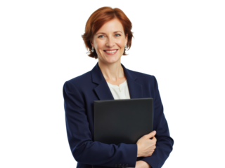 Business portrait isolated on white transparent background: A confident businesswoman with auburn hair smiles warmly while holding a tablet and wearing a navy blazer, suggesting professionalism and 