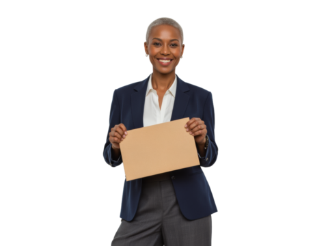 Business portrait isolated on white transparent background: A confident Black woman with a shaved head smiles broadly while holding a blank cardboard sign against a white background.