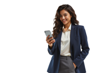 Business portrait isolated on white transparent background: A smiling young woman with long, wavy dark hair looks at her smartphone while standing in a professional setting wearing a navy blazer and