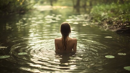 Fototapeta premium A tranquil moment of a woman immersed in the reflective waters of a natural landscape surrounded by the softly lit ambiance that evokes feelings of brightness freshness and vitality