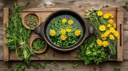 Fresh Herbs and Dandelions in Rustic Bowl on Wooden Surface
