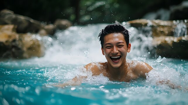 A vibrant action shot capturing a man s delighted and enthusiastic expression as he moves through refreshing water sprays evoking a sense of brightness freshness and pure vitality