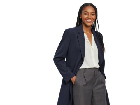 Business portrait isolated on white transparent background: A confident woman with braided hair smiles while standing in a professional setting, wearing a navy blazer over a white blouse and gray tr