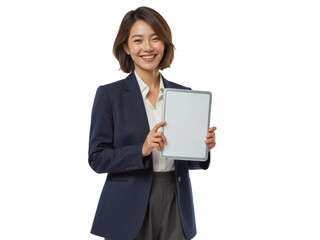 Business portrait isolated on white transparent background: A smiling Asian woman in a navy blazer and white shirt confidently presents a tablet to the viewer against a clean white background.