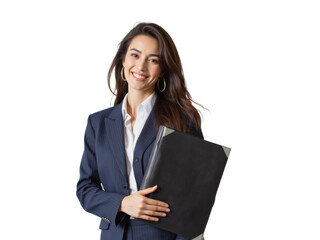 Business portrait isolated on white transparent background: A smiling young professional woman in a navy pinstripe suit confidently holds a black portfolio while looking directly at the camera.