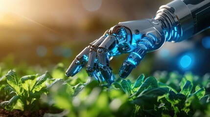 Robotic hand tending to crops agricultural field technology innovation outdoor environment close-up viewpoint sustainable farming