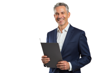 Business portrait isolated on white transparent background: A confident, mature man in a suit smiles warmly while holding a tablet and looking directly at the camera.