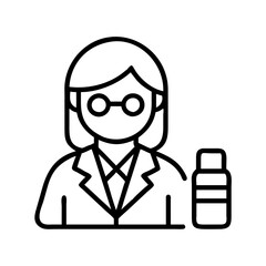 Female scientist researcher with lab coat and medicine bottle vector line icon illustration design