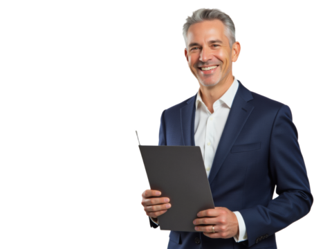 Business portrait isolated on white transparent background: A confident, mature man in a suit smiles warmly while holding a tablet and looking directly at the camera.