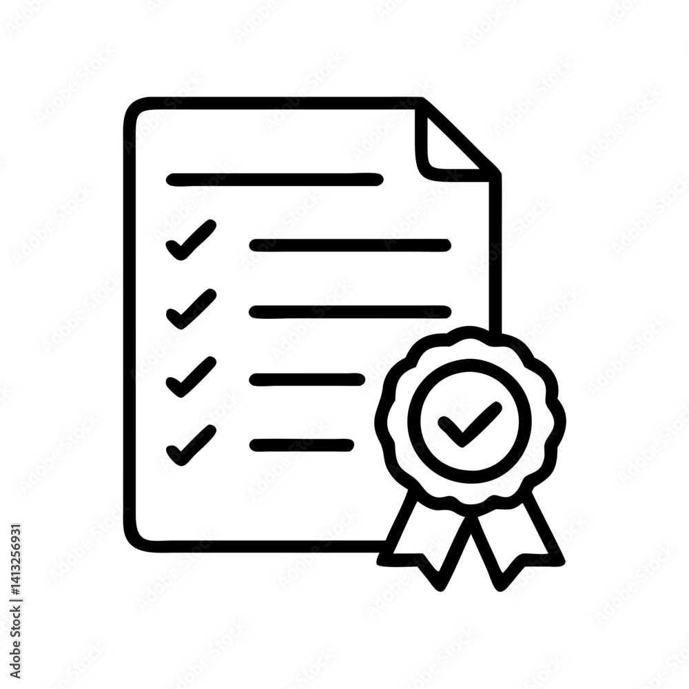 Poster checklist document with checkmarks and quality badge icon for approval and verification process
