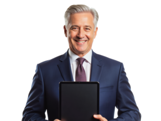 Business portrait isolated on white transparent background: A mature businessman with gray hair smiles confidently while holding a tablet against a white background.
