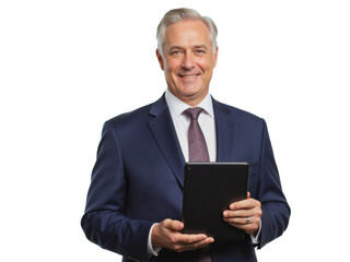 Business portrait isolated on white transparent background: A mature businessman with gray hair smiles confidently while holding a tablet and wearing a navy suit with a patterned tie against a white