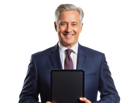 Business portrait isolated on white transparent background: A mature businessman with gray hair smiles confidently while holding a tablet against a white background.