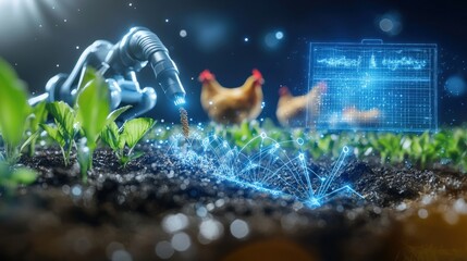 Innovative agricultural technology enhances chicken farming modern farm digital agriculture futuristic environment close-up view automation for efficiency