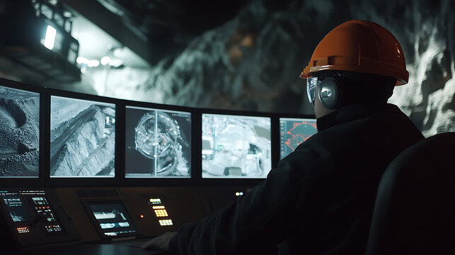 Mining engineer monitoring mining activities from a control room. Featuring operational oversight and site management