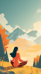 Illustration of a woman practicing meditation, yoga, and relaxation in her calm mountains, with tranquility, peaceful mind, well-being, and serenity - Generated by Generative AI	