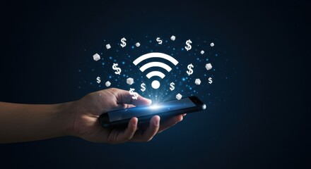 Monetizing Wireless Connectivity: Hand Holding a Smartphone Emitting a Wi-Fi Signal Surrounded by Dollar Symbols

